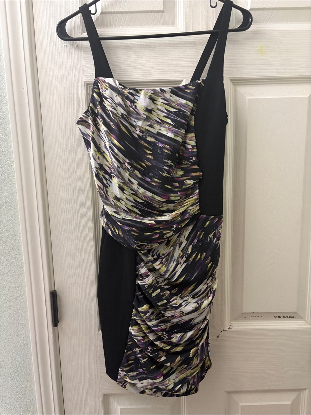 Jessica Simpson Black Mini Dress with Abstract White, Purple and Yellow Print
